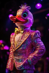 Disco duck in spotlight, glitter suit, fun concert vibes, entertainer extraordinaire