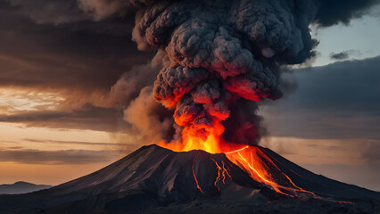The Drama of Volcanoes Exploding in the Sun: Footage of lava streaming down and ash and smoke billowing into the sky generative ai