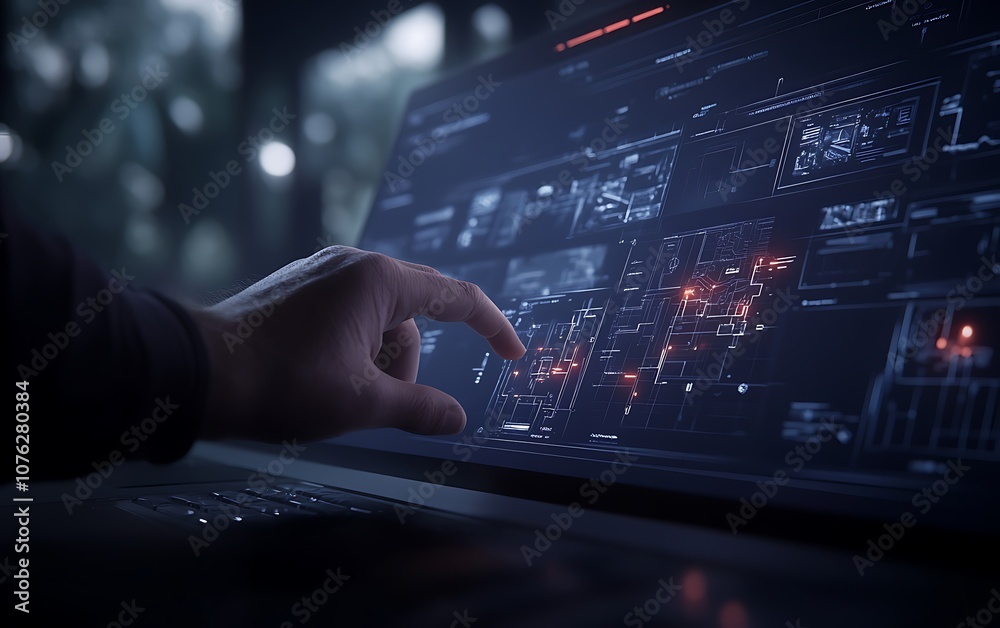 Poster A hand interacts with a futuristic touchscreen displaying intricate data visualizations and glowing elements in a high-tech environment.