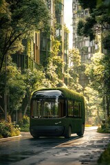 Obraz premium Futuristic delivery van on an ecofriendly street lined with green buildings