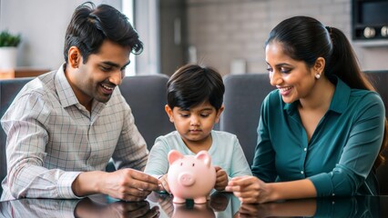 An Indian family sitting together, discussing financial matters, with a piggy bank on the table.
