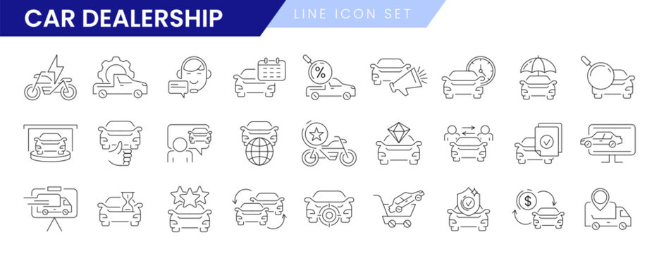 Set of vector thin line icons of car dealer. Auto sale dealership, automotive industry or vehicle trade center linear symbols. Rental service, repair shop, purchase agreement, transportation insurance