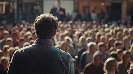 A public figure giving a speech, addressing a crowd on social change.