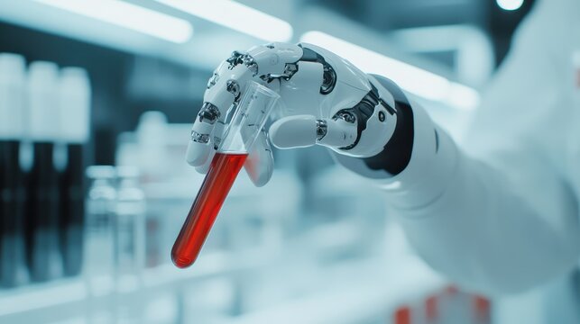 A robotic hand holding a test tube, symbolizing advancements in AI and robotics.