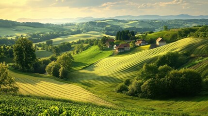 Obraz premium A rural area with farmland and rolling hills, showing traditional agricultural practices.