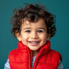 Portrait of a joyful Middle Eastern toddler boy with curly hair and red vest