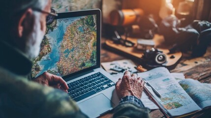 A retired individual planning their retirement goals, using a laptop to organize finances and travel plans