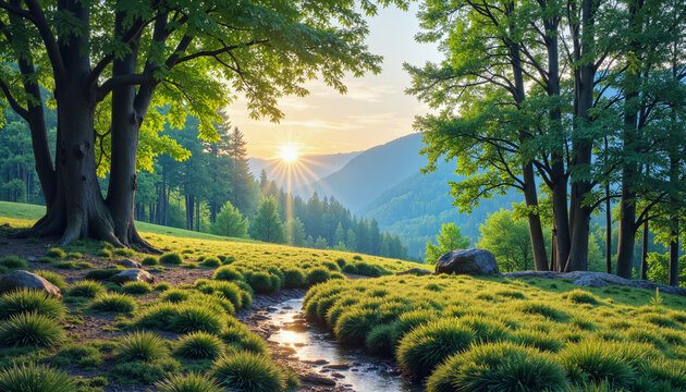 Scenic forest landscape with sun rays, lush greenery, and a flowing stream, peaceful nature setting, International Earth Day Theme - Powered by Adobe