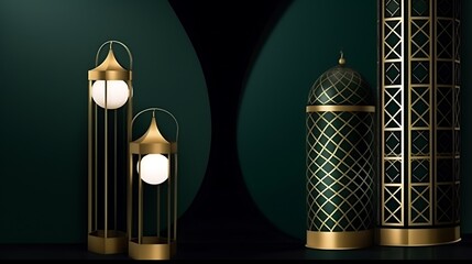Three Gold Lanterns with Geometric Designs Against a Dark Green Background