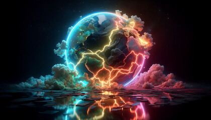 Colorful Landscape with Neon Lights, Earth Background,  Bright and Tranquil Nature, for Home Decor, YouTube Thumbnail, Design, Music Cover Art, 4K Wallpaper