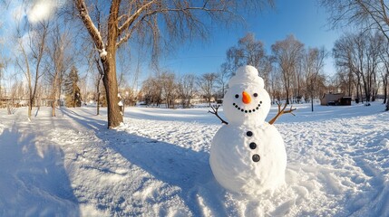 Festive panoramic winter scene featuring a cheerful snowman in a snowy landscape with frosted trees and sparkling white snow, capturing the joyful spirit of christmas and the magic of the holiday seas