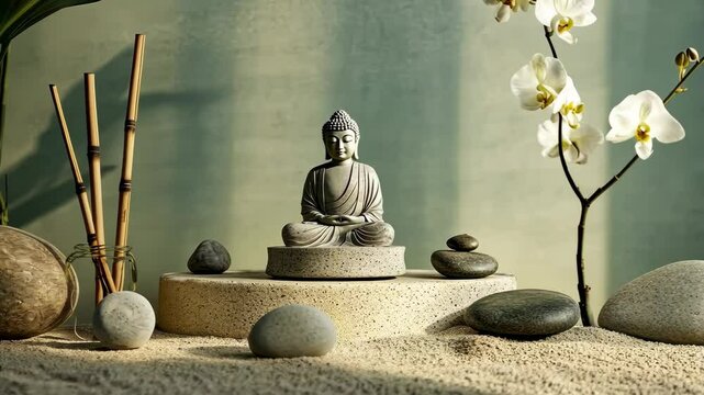 A statue of Buddha is sitting on a pedestal in front of a