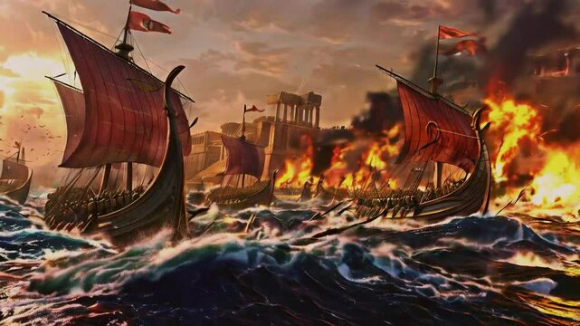 Epic Naval Battle of Ancient Greece" A massive naval conflict between Greek city-states, featuring triremes, epic sea maneuvers,