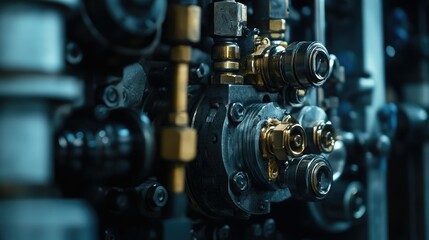 Fototapeta premium Close-Up View of Industrial Machinery Components Featuring Metallic Pipe Fittings, Valves, and Connectors with Intricate Details and Textures in a Dark Environment