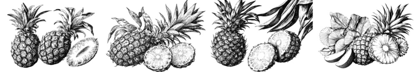 Handdrawn pineapple. Exotic ananas pieces. Tropical fruit sketches. Nature sweet dessert template. Botanical summer meal elements. Juicy vegetables.