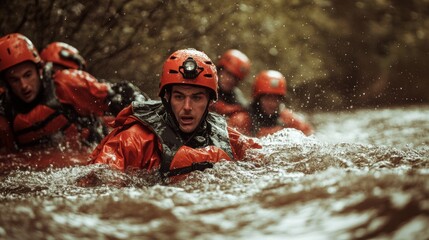 A swift water rescue team maneuvering through floodwaters to save individuals trapped in dangerous conditions