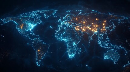 Map of the world with blue lights connecting, Technology network connecting earth map