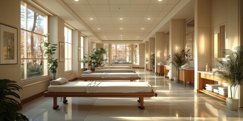 Spa treatment room with massage tables, plants, and large windows.