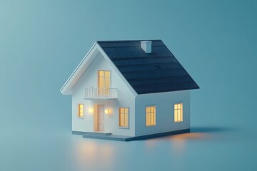 Minimalist White House Model with Lights on Blue Background