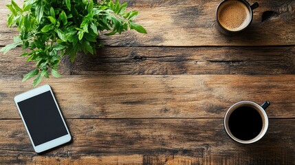 Cozy Coffee Still Life with Smartphone and Potted Herb on Rustic Wooden Table for Relaxed Lifestyle and Work from Home Inspiration