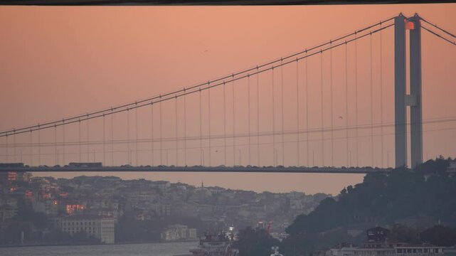 Closeup view of Bosphorus Bridge at sunset