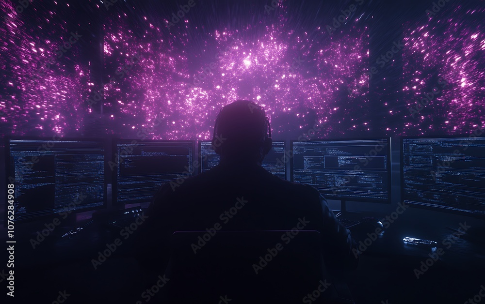 Poster A silhouette of a person sits in front of multiple screens displaying vivid, colorful data visualizations against a dark, ethereal backdrop.