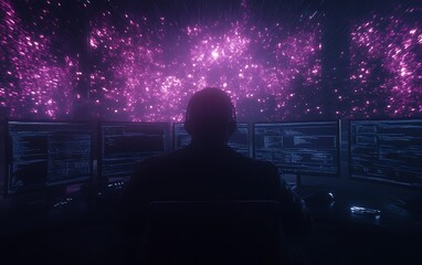 A silhouette of a person sits in front of multiple screens displaying vivid, colorful data visualizations against a dark, ethereal backdrop.