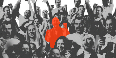 Contemporary art collage. Focal point of central, highlighted fan in orange among cheering...