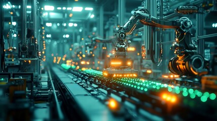 Futuristic Digital Factory with Glowing Robots Building Sustainable Products