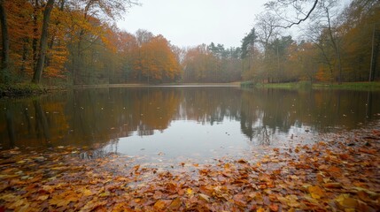 Obraz premium An autumn scene with golden and red leaves falling around a serene lake.
