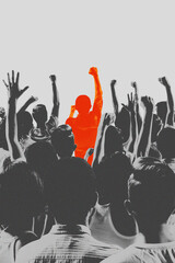 Contemporary art collage. Crowd's attention gravitates towards central bright orange figure. Spirit...
