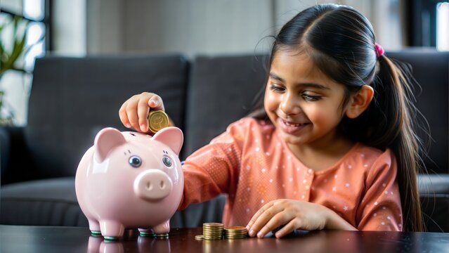A joyful Indian girl adding coins into a piggy bank, symbolizing childhood financial education.
