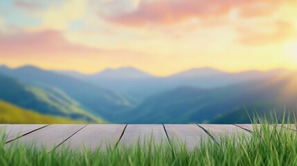 Obraz premium Sunrise over serene mountains with a wooden deck in the foreground, AI