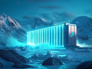 Futuristic Glowing Data Center Managing Global Digital Resources in the Icy Arctic