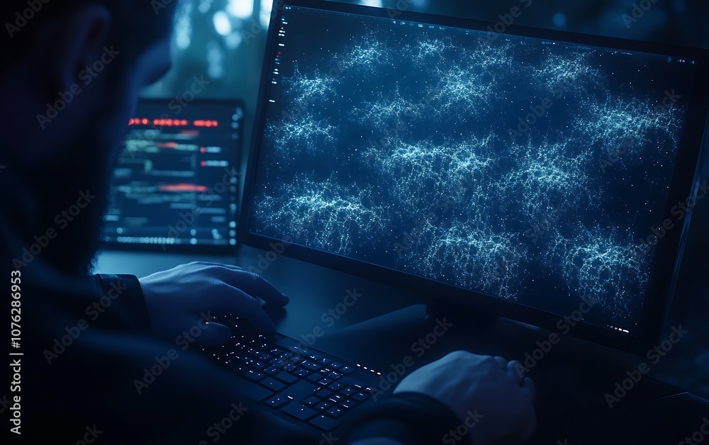 Fototapete A person is working on a computer, focusing on a display filled with interconnected points of light, suggesting data analysis or a digital network visualization.