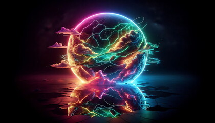 Earth Background, Colorful Landscape with Neon Lights, Bright and Tranquil Nature, for Home Decor, YouTube Thumbnail, Design, Music Cover Art, 4K Wallpaper