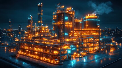 Fototapeta premium Illuminated industrial complex at night with glowing structures.