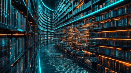 Futuristic Library with Holographic Data Streams Symbolizing Digitized Knowledge