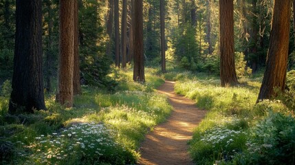 Obraz premium Winding Path Through a Sun-Dappled Forest