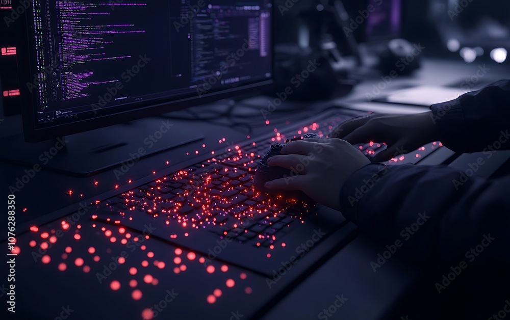Poster A person types on a keyboard illuminated by red lights, surrounded by computer screens displaying coding and programming elements.