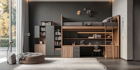 modern grey spacious workspace with bunk bed and elegant wooden bookshelf 