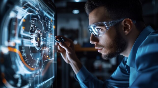 An aerospace engineer testing aircraft components, using cutting-edge technology to analyze performance