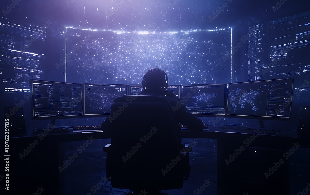 Poster A silhouette of a person sits before multiple screens, immersed in a vibrant digital environment filled with glowing particles and a futuristic ambiance.