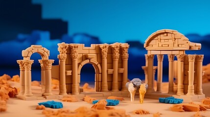 Miniature Temple Ruins with Camel Figurine in a Desert Setting