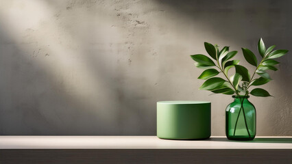 Obraz premium This mock up features a neutral sustainable natural brand product showcase template, a concrete texture wall with a podium stage in the background, a green glass vase with plants, and a neutral