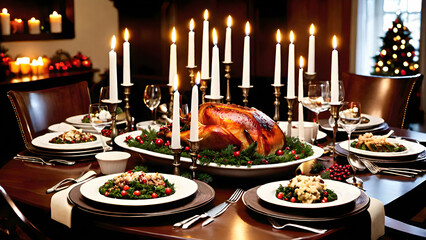 A festive dinner table with candles, elegant dinnerware, and a delicious spread of holiday foods, ready for a Christmas feast.