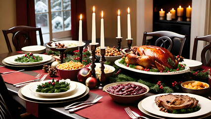 A festive dinner table with candles, elegant dinnerware, and a delicious spread of holiday foods, ready for a Christmas feast.
