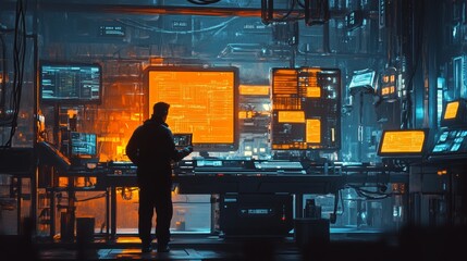 An engineer in a high-tech factory, troubleshooting machinery and using digital tools to monitor production