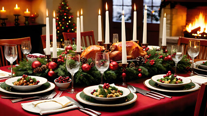 A festive dinner table with candles, elegant dinnerware, and a delicious spread of holiday foods, ready for a Christmas feast.