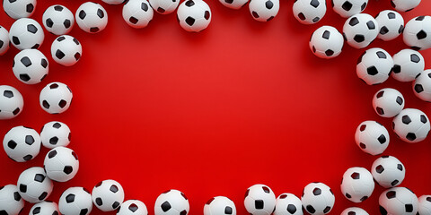 White and Black Soccer Balls Framing Red Background